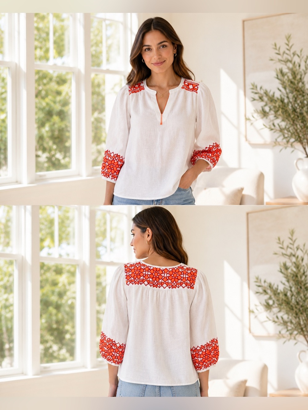 Knox Rose Balloon Sleeve White Blouse with Red Embroidered Yoke and Cuff MED/NWT